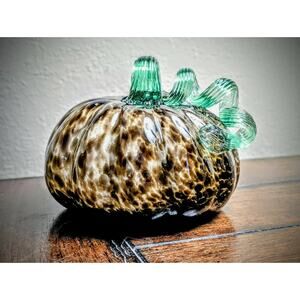 Hand Blown Art Glass Pumpkin Twist Stem Green Brown Thanksgiving Fall Decor